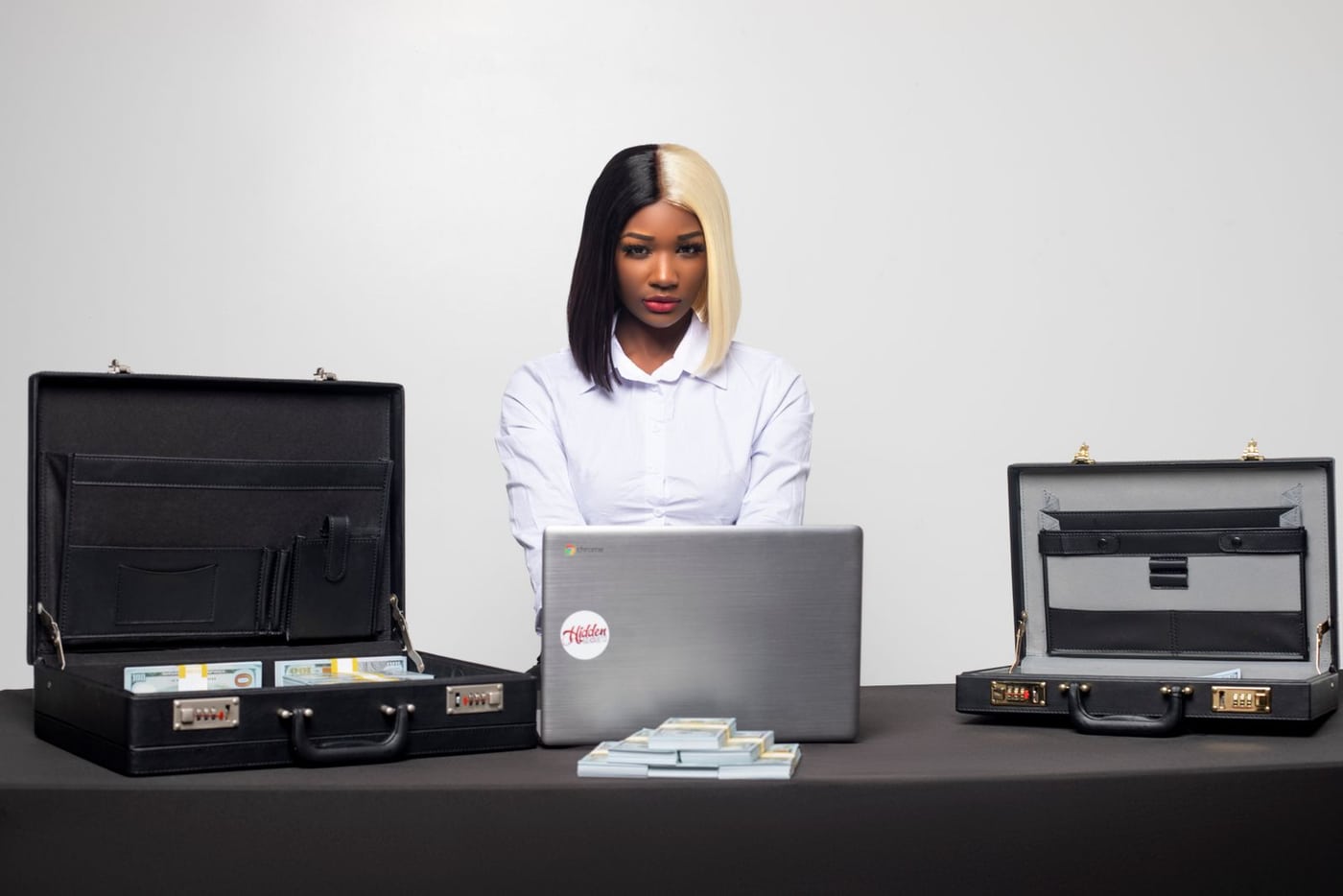 Businesswoman working at a desk with a laptop