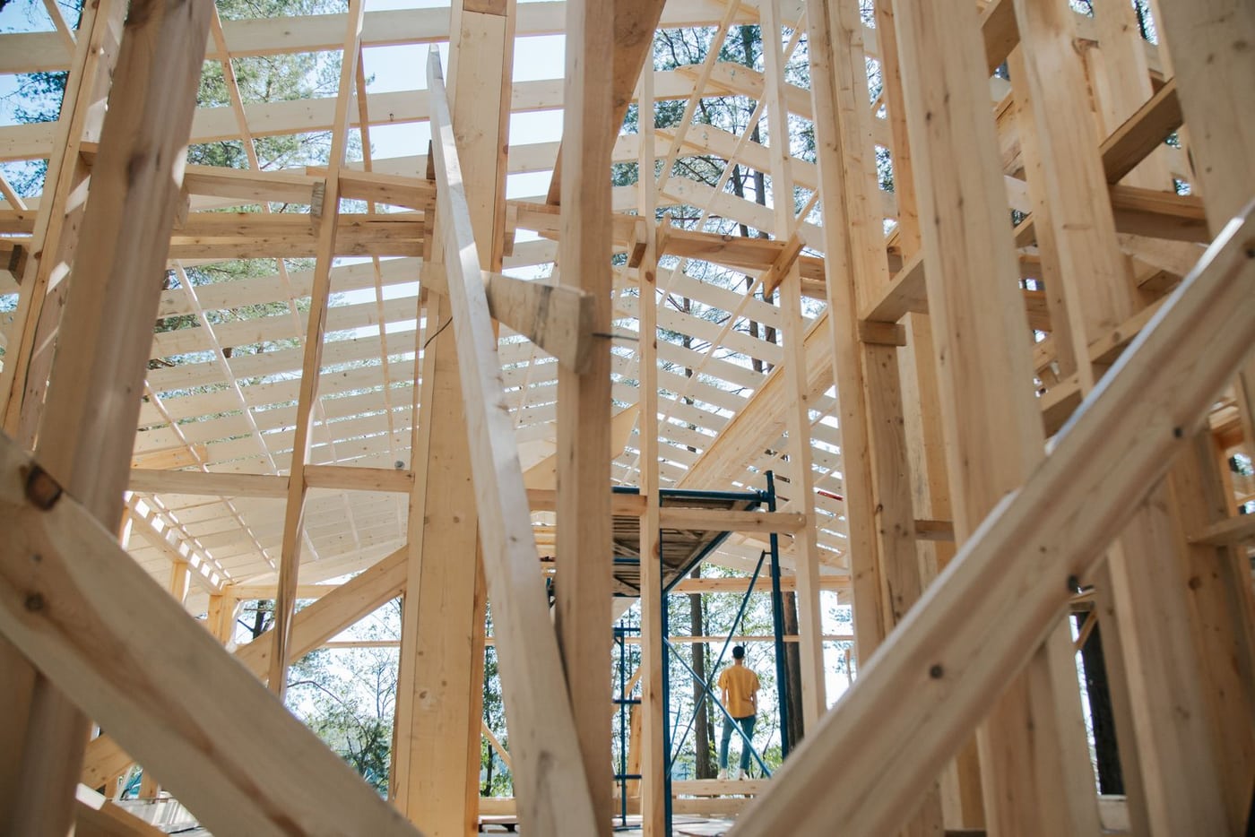 Interior of a timber house frame under construction
